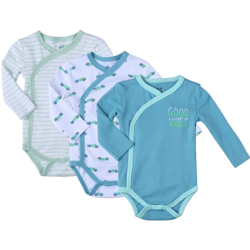 3-Pack Teal & White Long-Sleeve Baby Bodysuits - Good Vibes
